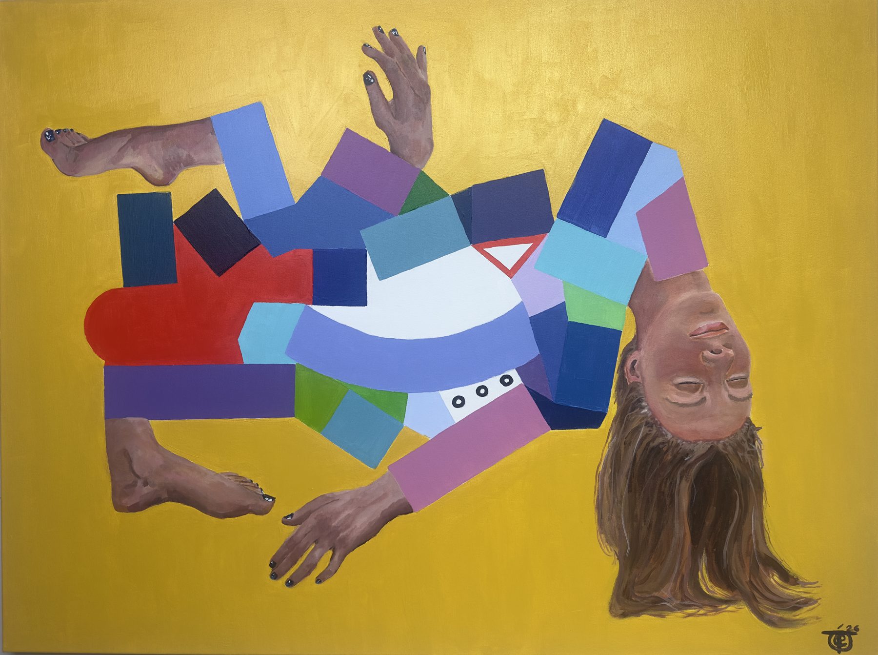 To Lose, an abstract painting of a fragmented geometric figure on yellow ground