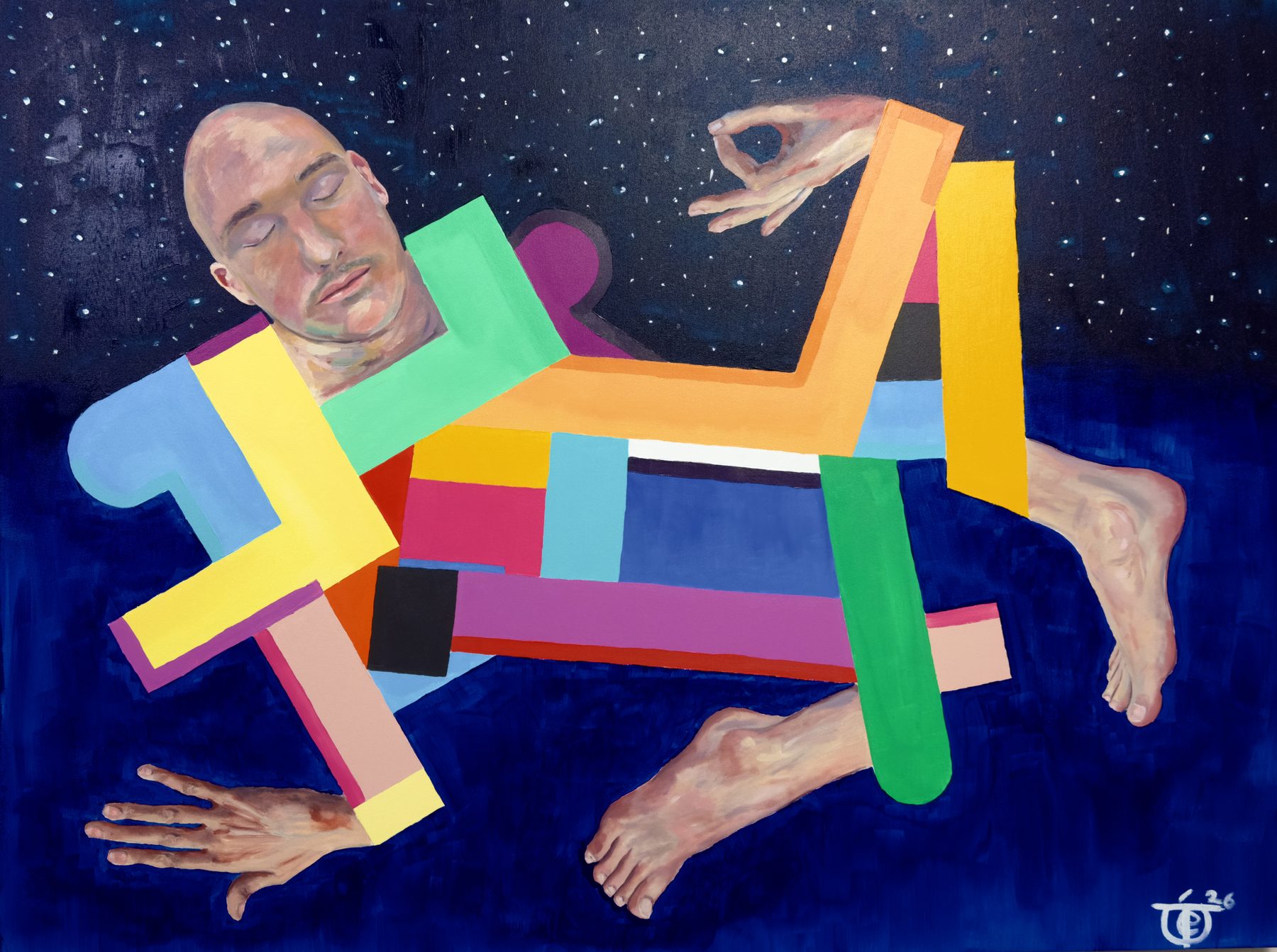 To Dream, an abstract painting of a fragmented geometric figure against a starry night sky