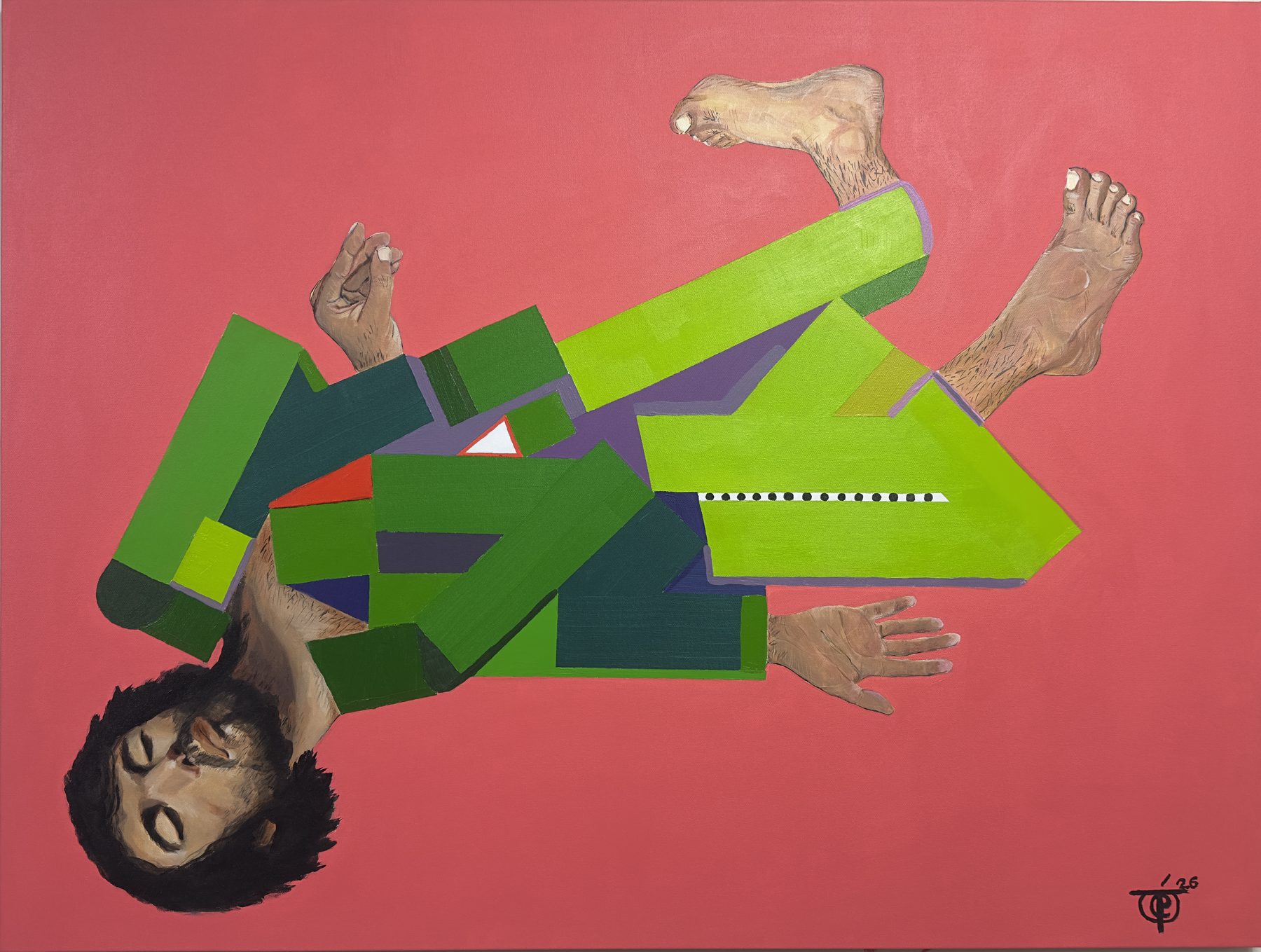 To Fade, an abstract painting of a fragmented geometric figure on coral ground