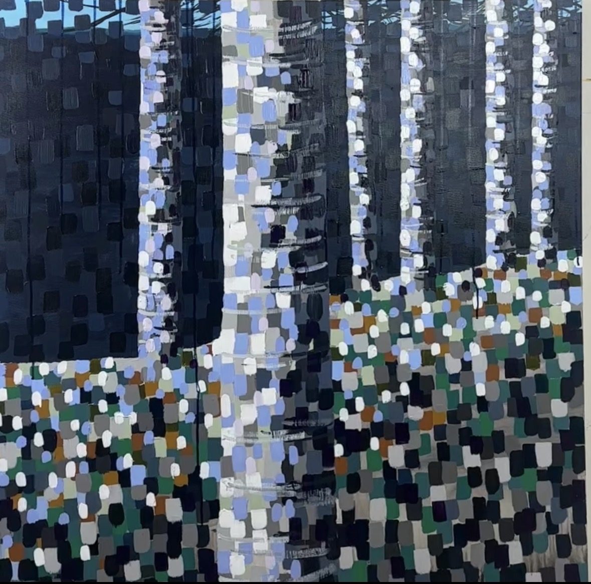 Winter Forest II, an abstract landscape painting of birch trees in blue and white
