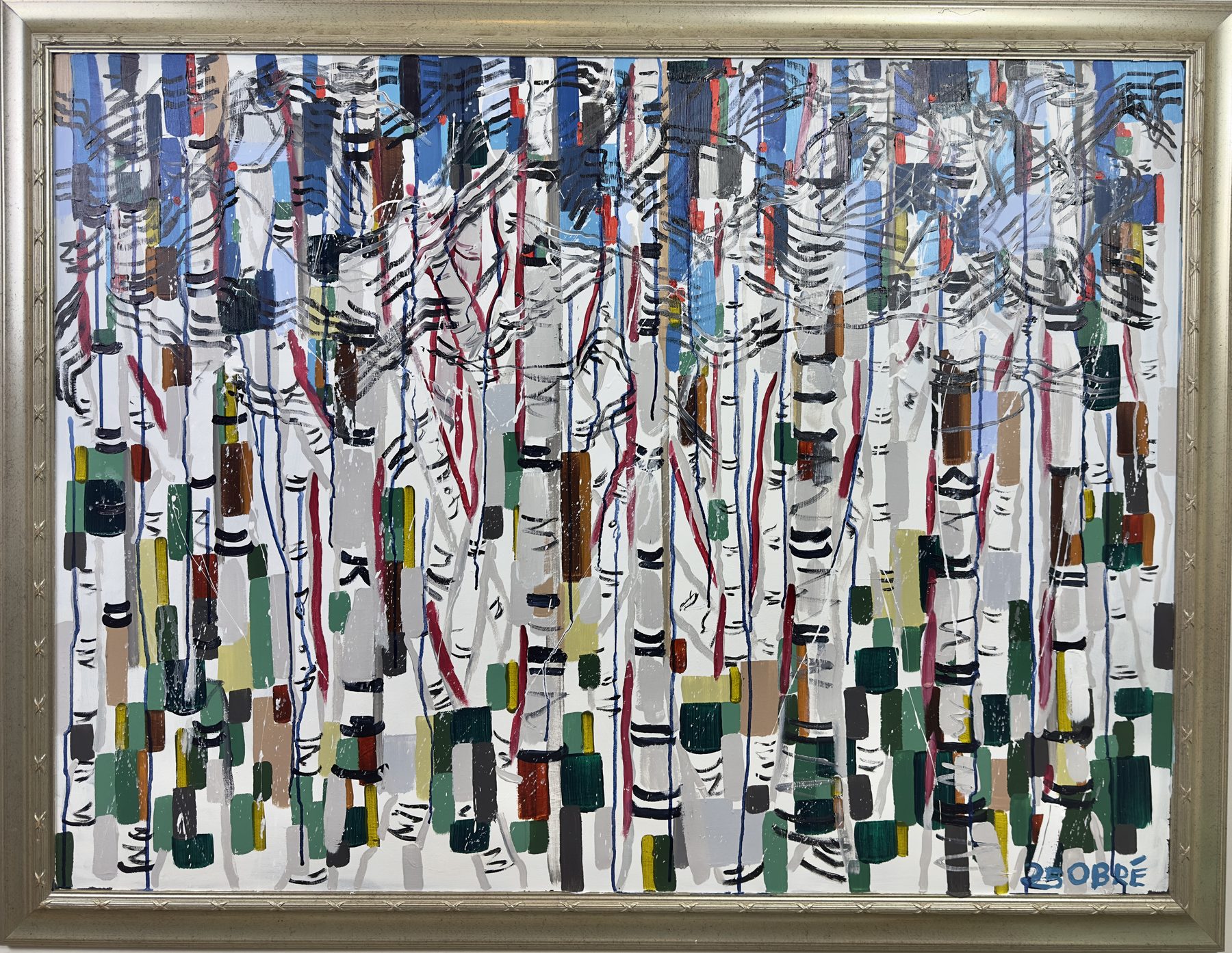Winter Forest I, an abstract landscape painting of birch trees in mixed colors