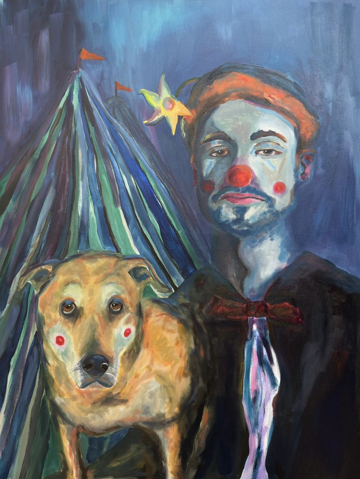 A Clown and His Dog, private portrait commission, oil painting in blue tones