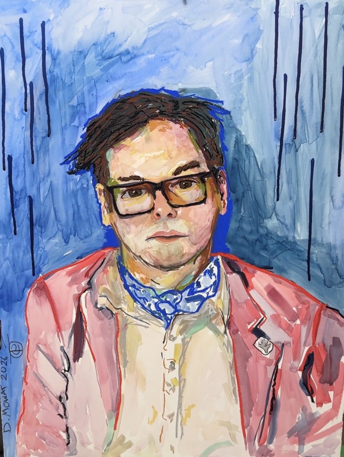 Private portrait of a man with glasses in a pink blazer