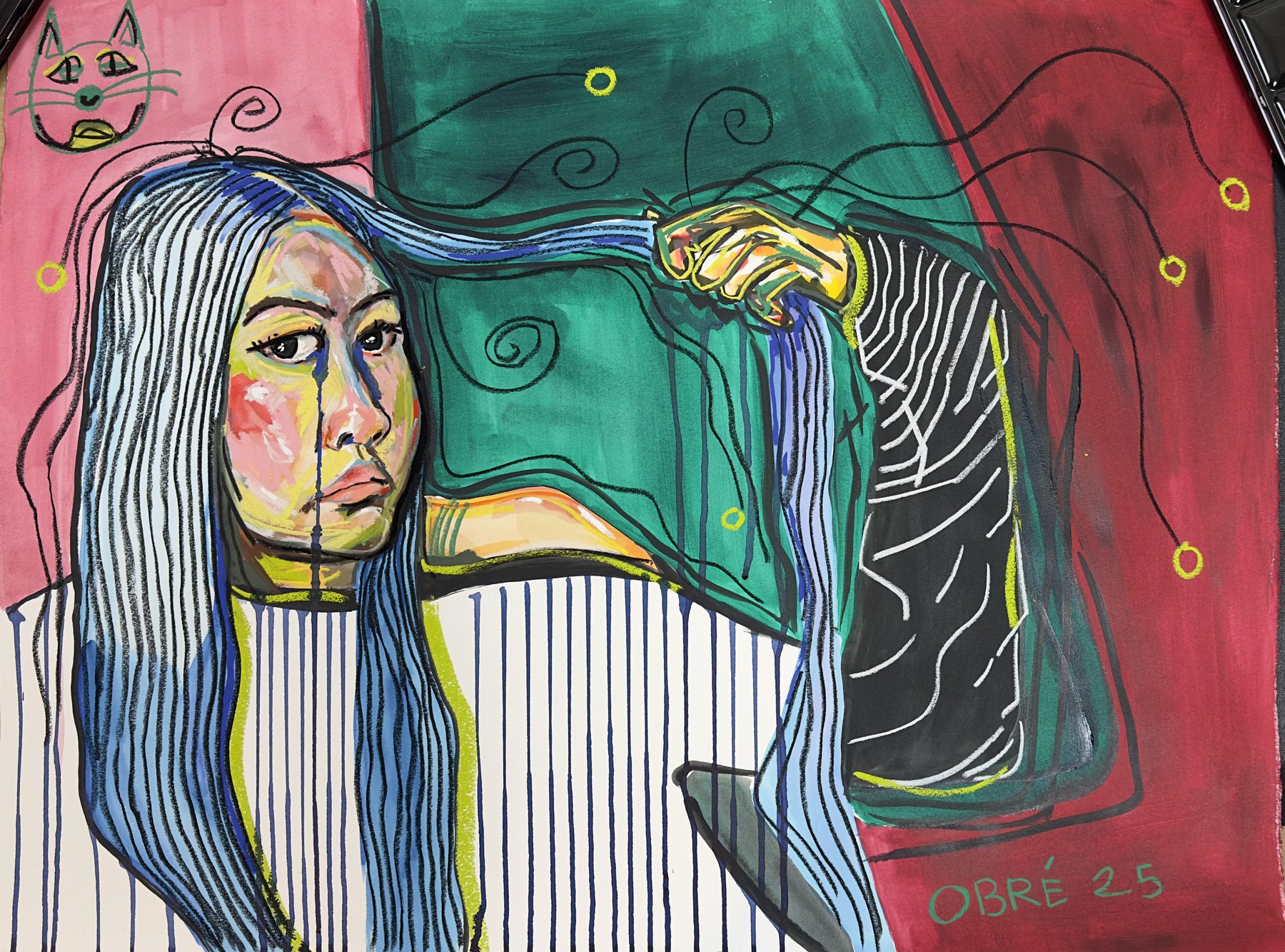 Private portrait of a woman with long striped hair, cat sketch in the corner