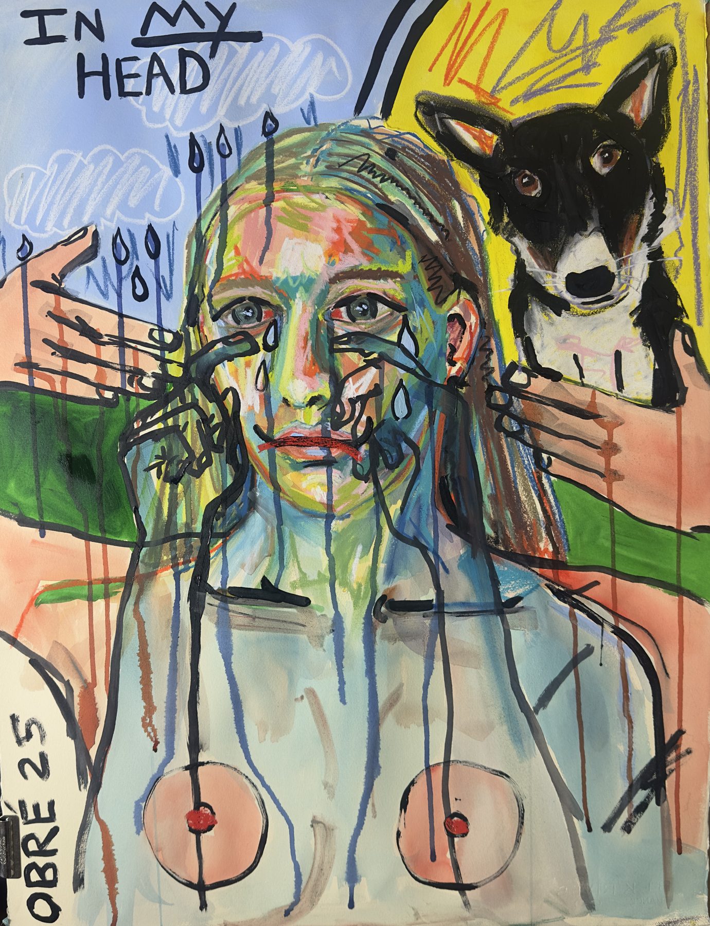 In My Head, mixed medium portrait with a crying figure and a dog