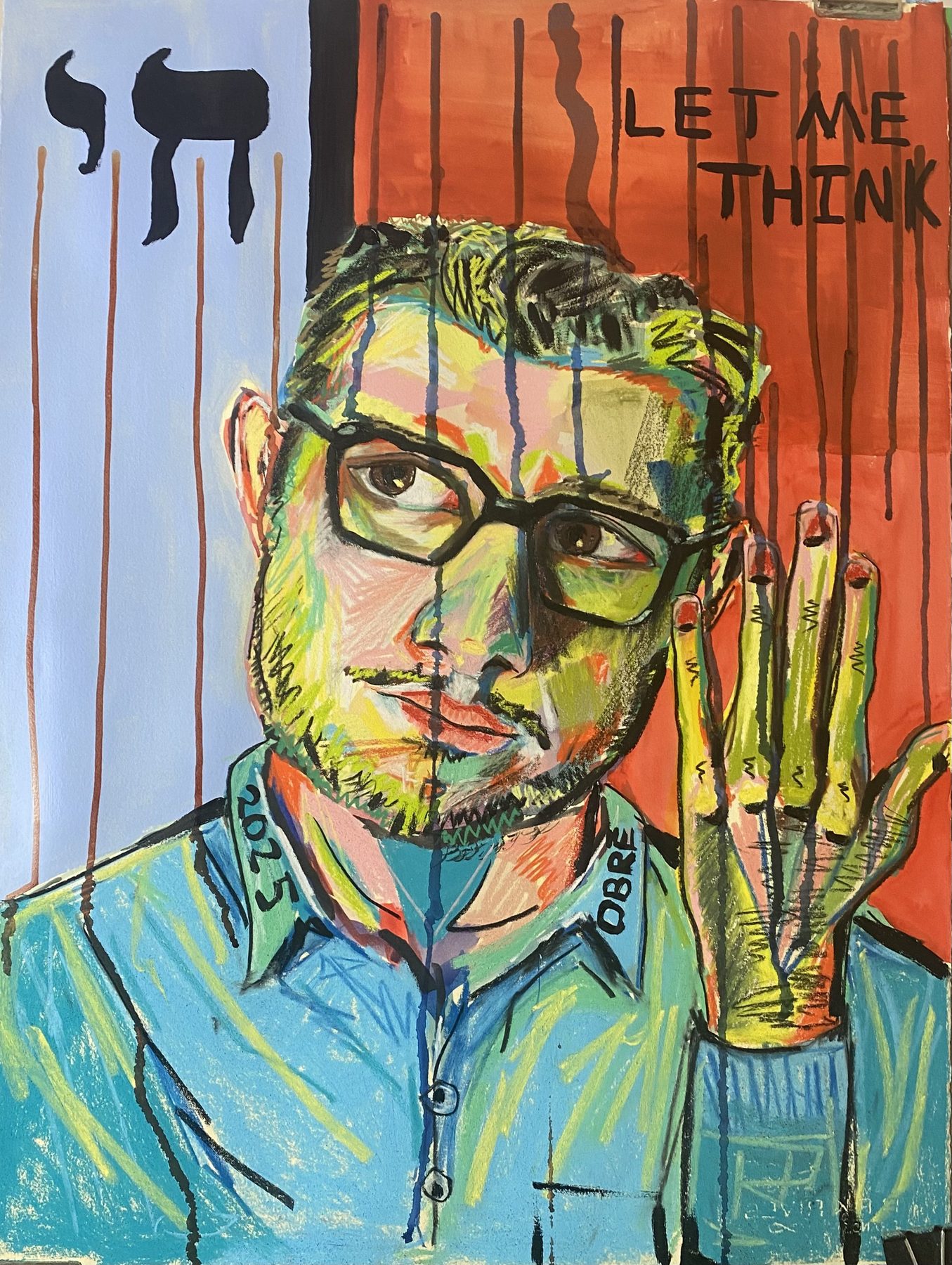 Let Me Think, mixed medium self-portrait with glasses