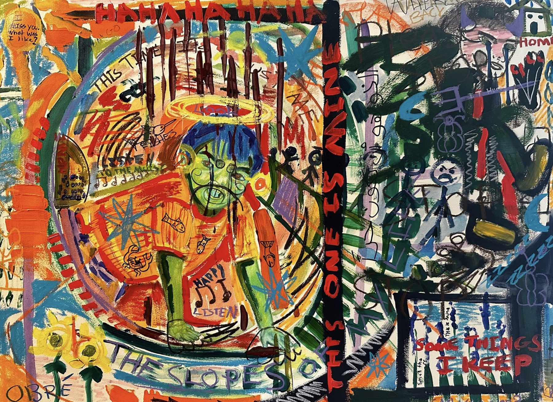 Growing Up, a mixed medium painting on paper with text and a figure surrounded by handwritten phrases