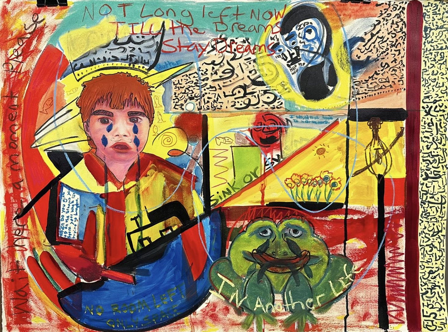 The Big Question, a mixed medium painting on paper with a crying figure and handwritten text
