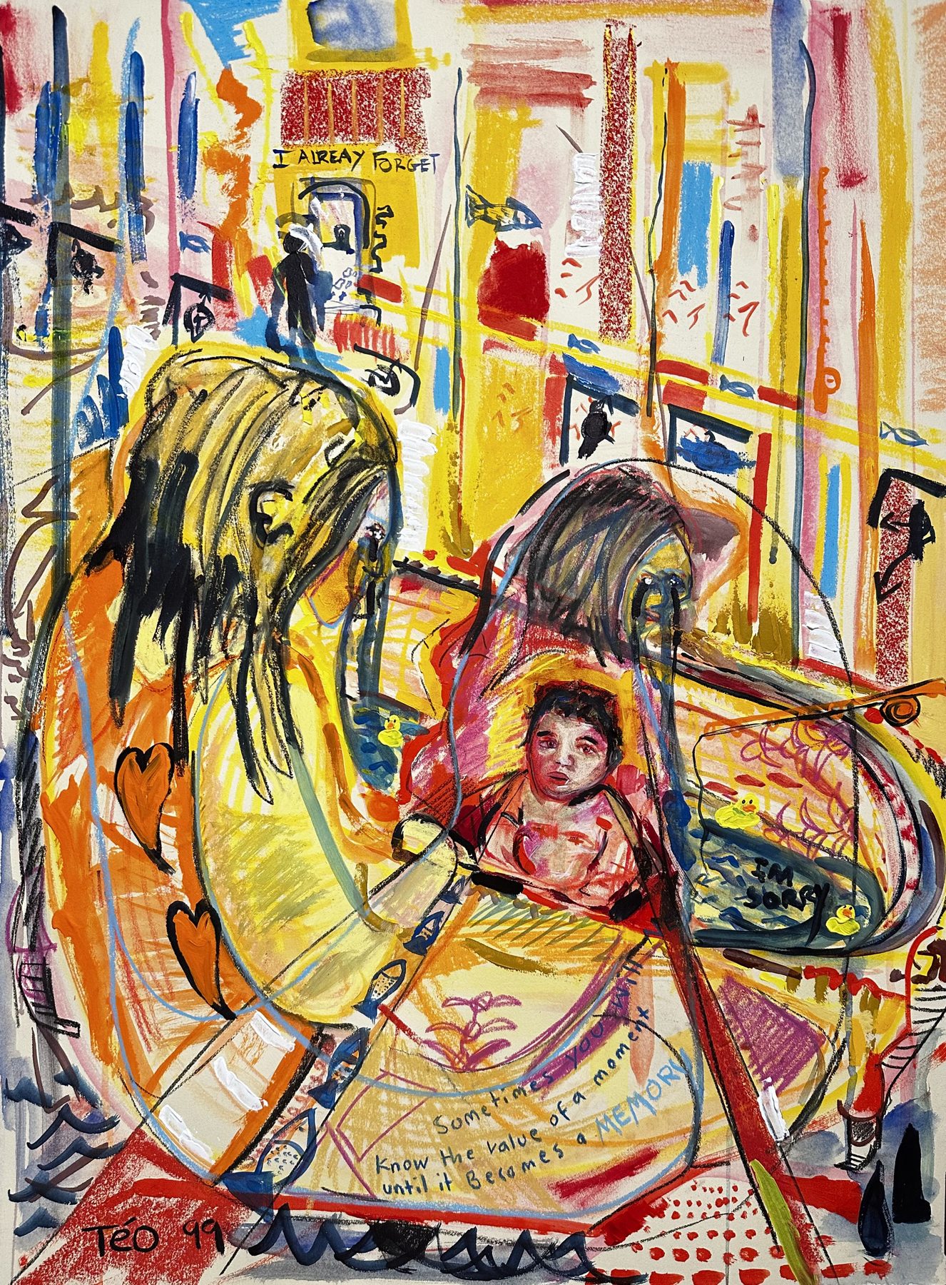 I Already Forget, a mixed medium painting on paper with two figures and handwritten text