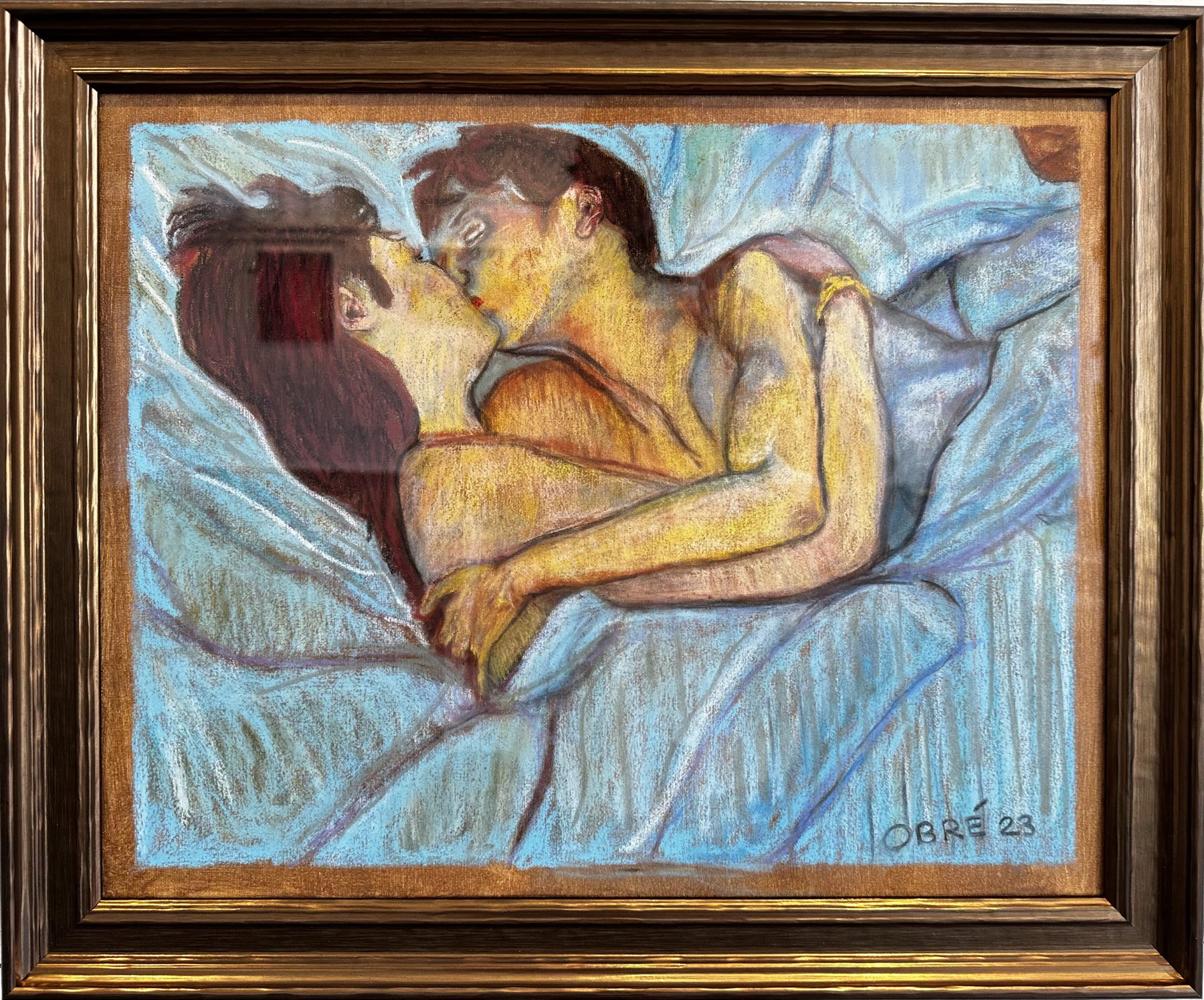 In Bed a Kiss, a master copy of Henri de Toulouse-Lautrec, pastel painting of two lovers embracing