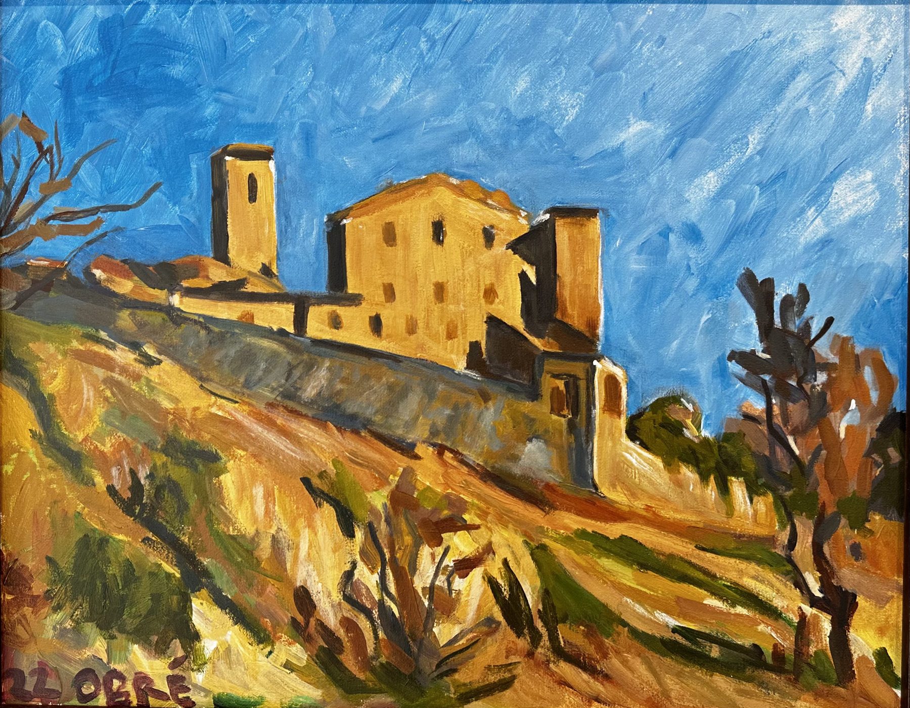 Chateau Eguilles, an oil painting of a hilltop chateau