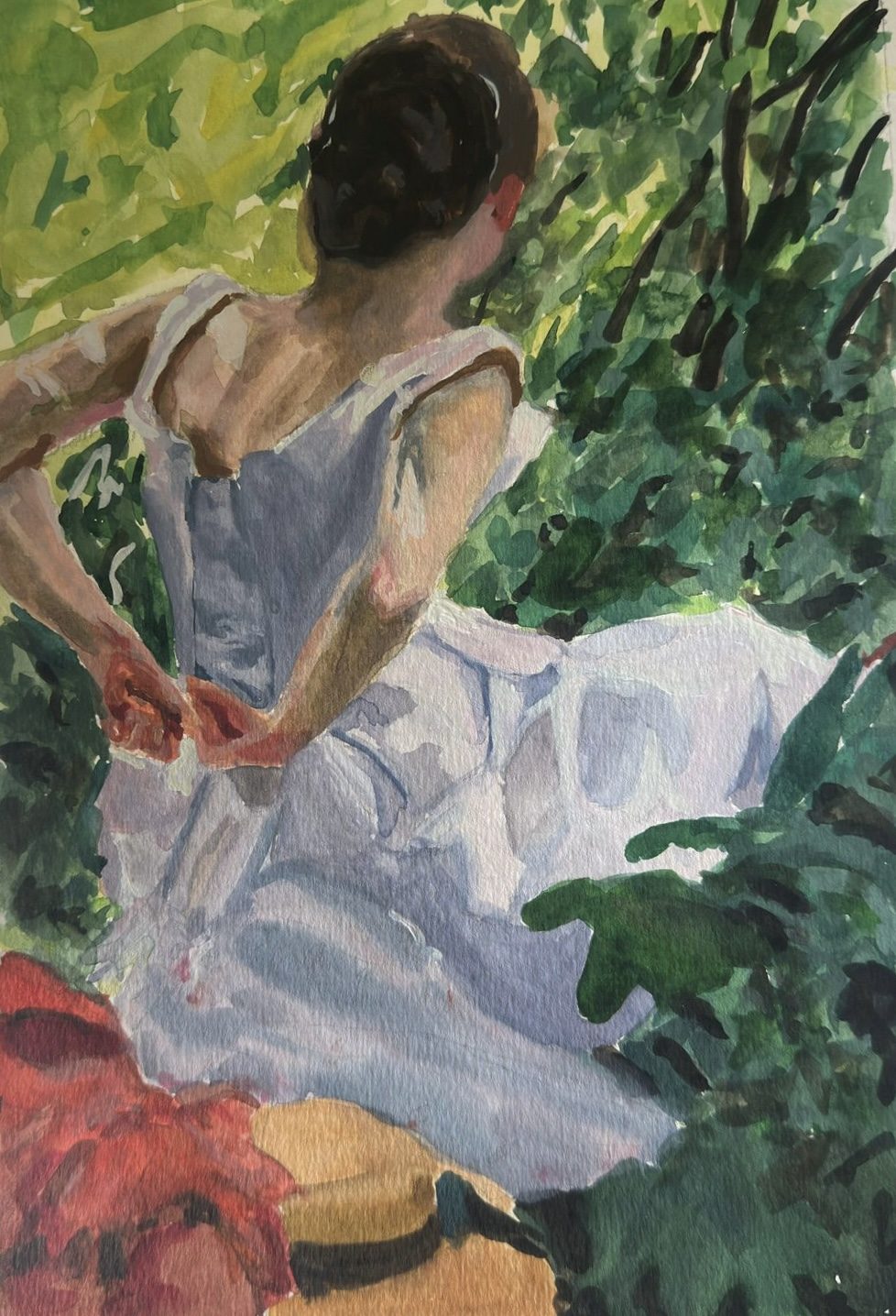 Study of Woman in Park, a watercolour painting of a woman seen from behind in a garden