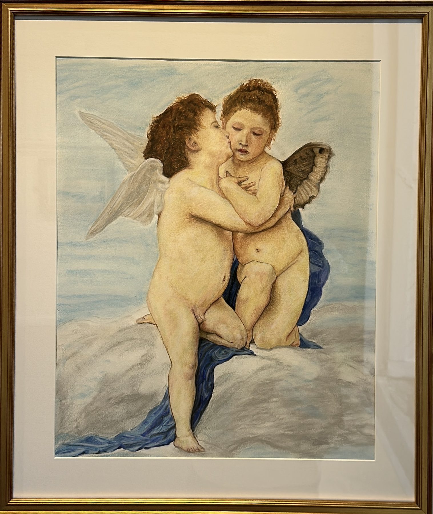 L'Amour et Psyche, enfants Study, a pastel copy of the Bouguereau sculpture group, two children embracing