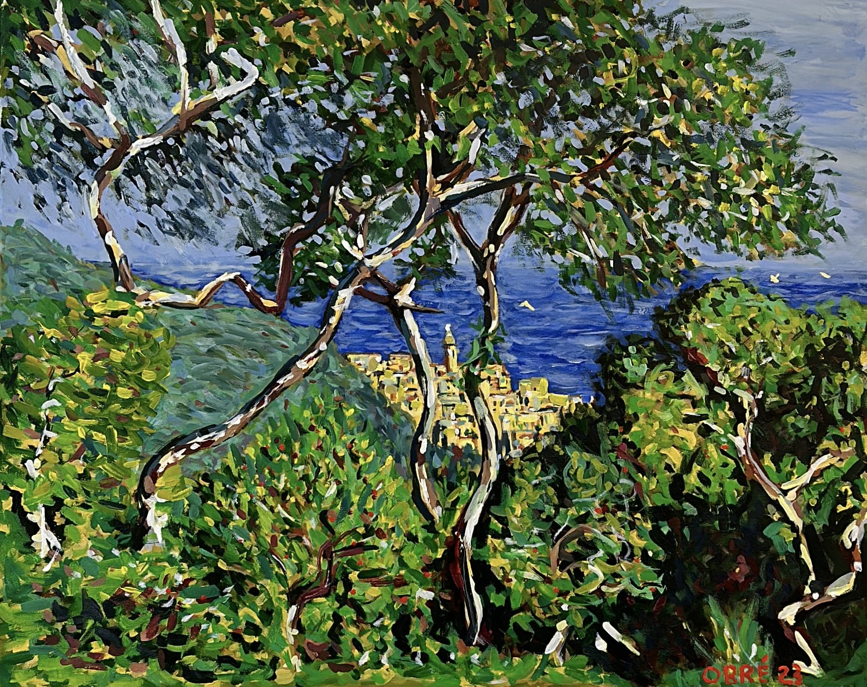Spanish Coast, an acrylic painting of a coastal town seen through trees