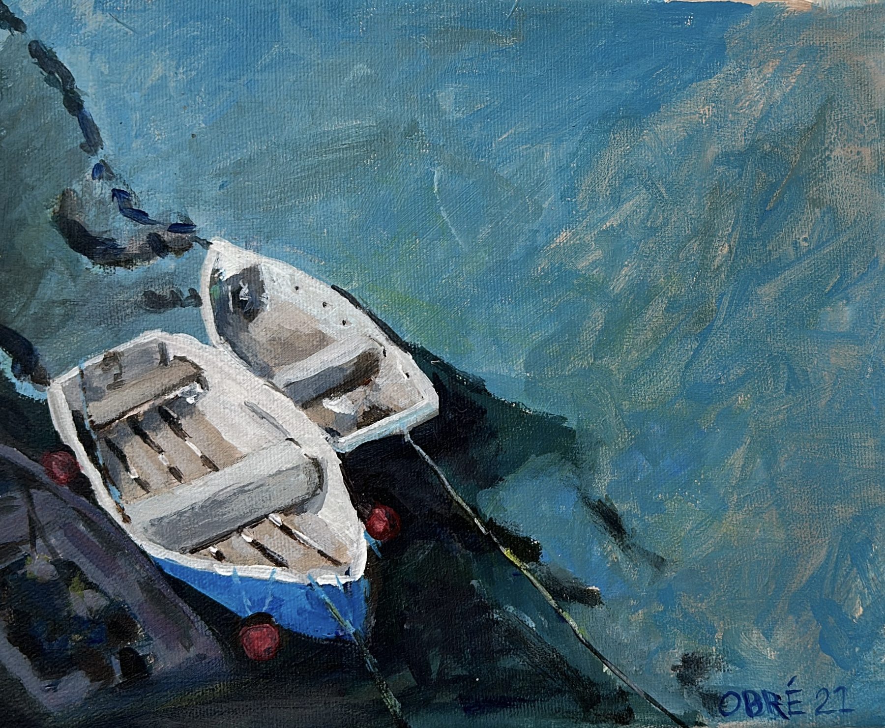 Study of Boats, an oil painting of two small boats in harbour water