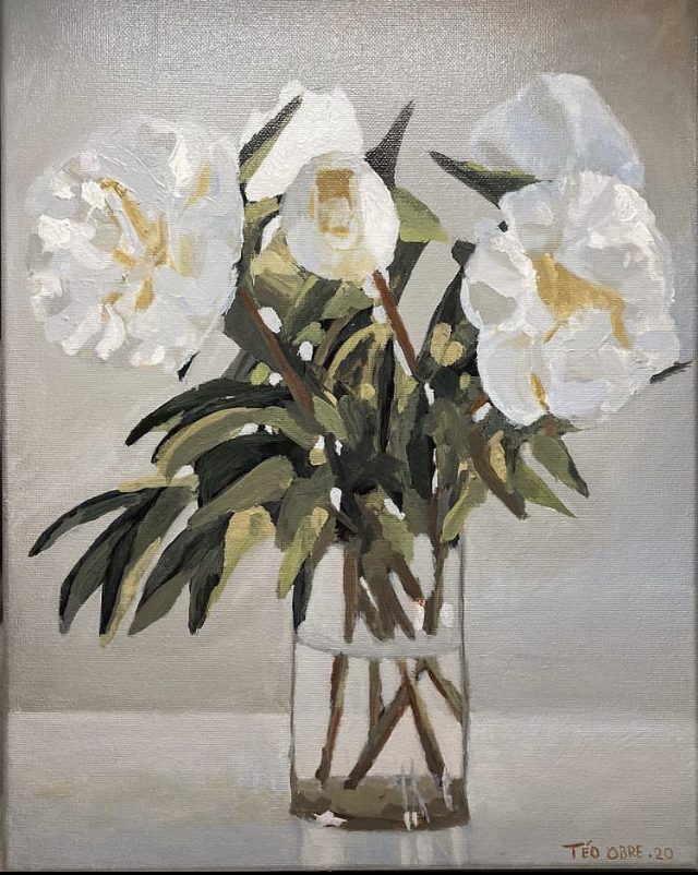 White Flower Study, an oil painting of white flowers in a glass vase