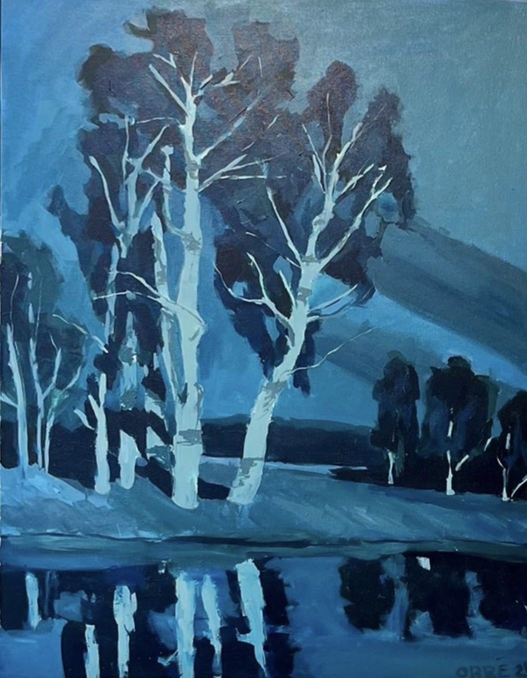 Night Forest, a master copy of S. Danchev, oil painting of blue-toned birch trees