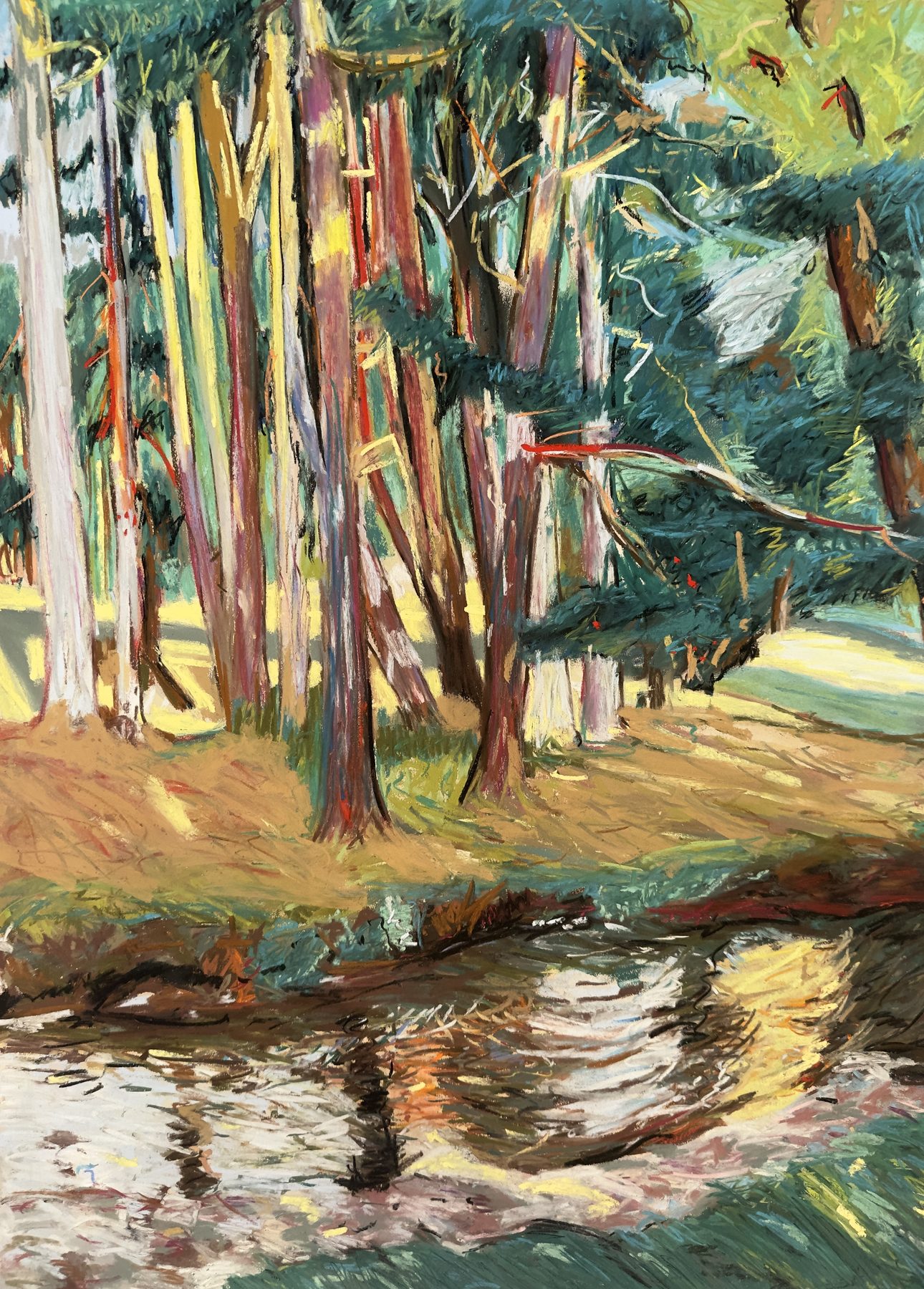 The Stream, a pastel painting of trees along a sunlit creek