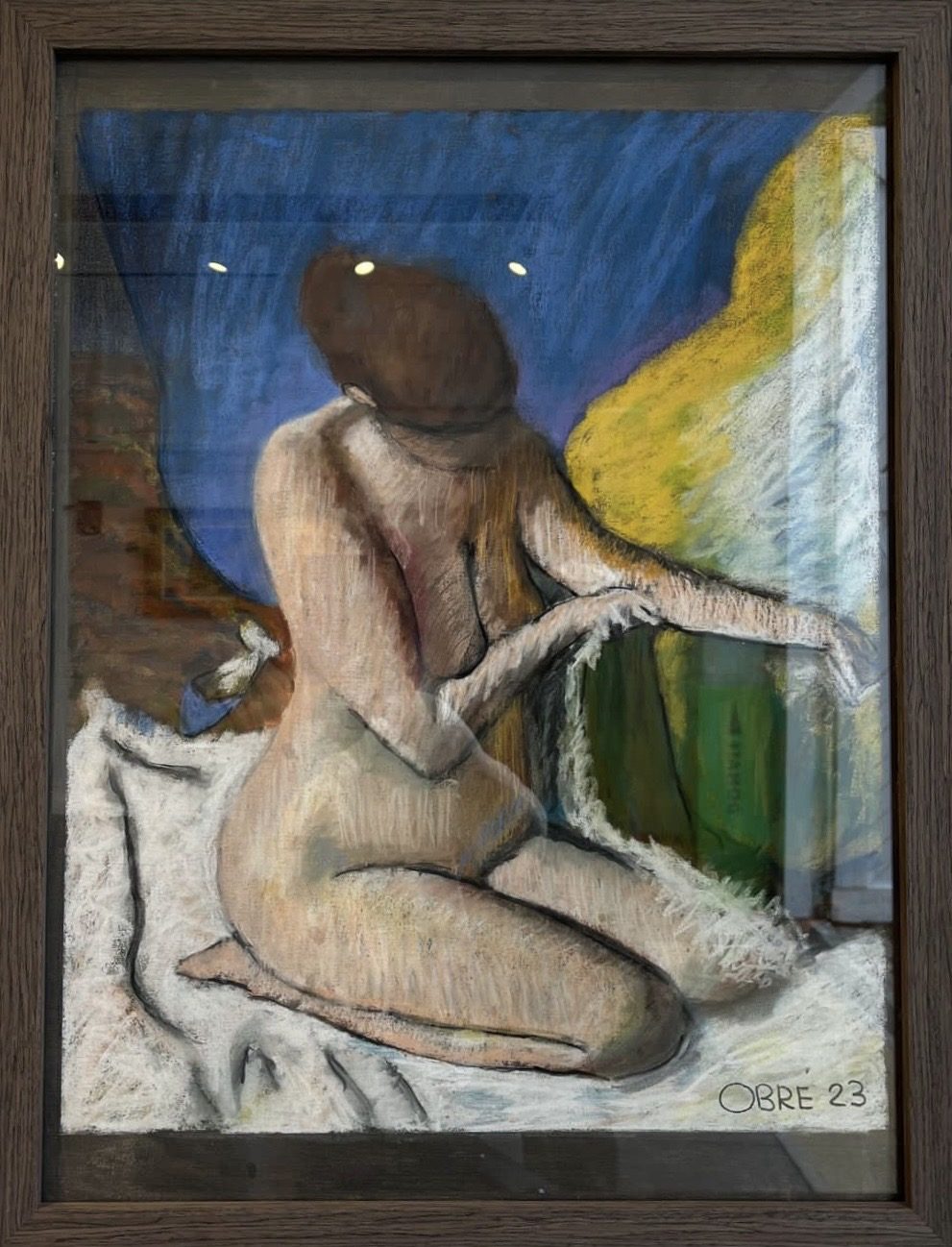 The Bather, a study of Degas, seated nude figure study in pastel, warm and blue tones