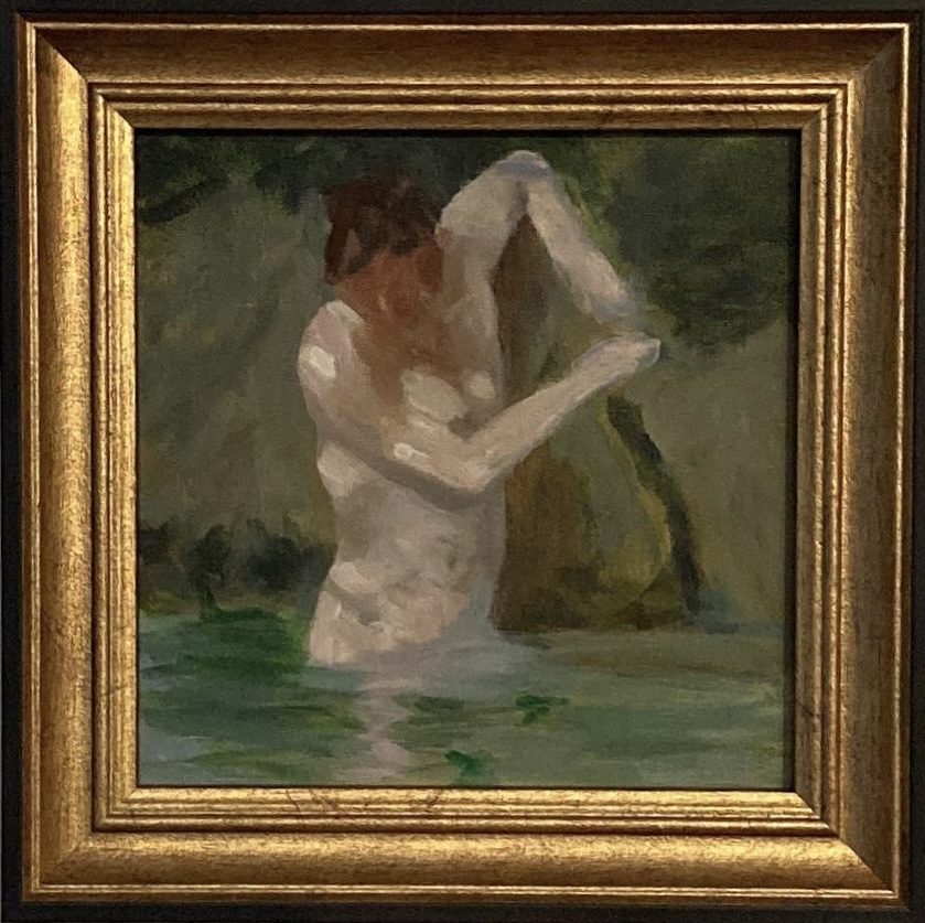 A Dip, figure bathing, oil painting in soft green tones
