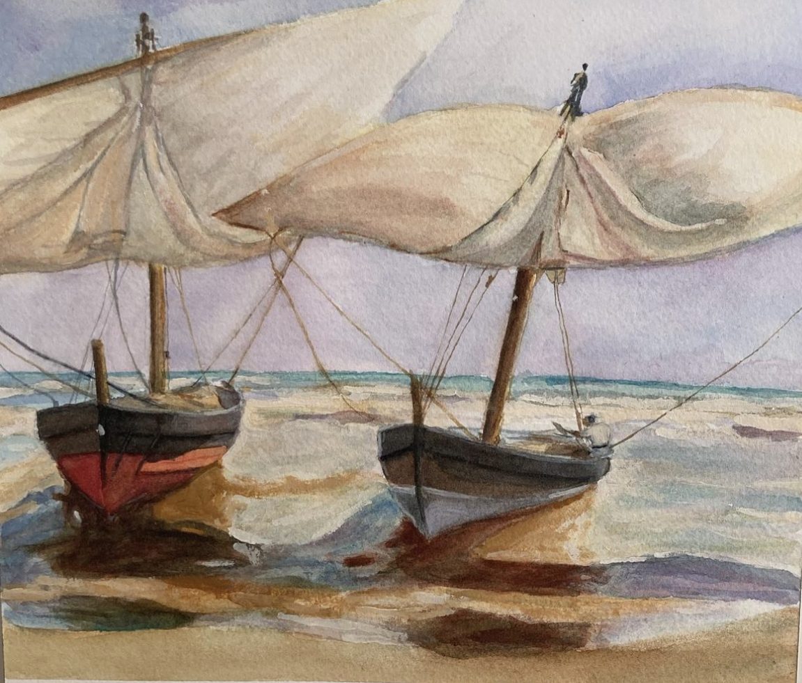 Boats on Shore, a watercolour painting of sailboats