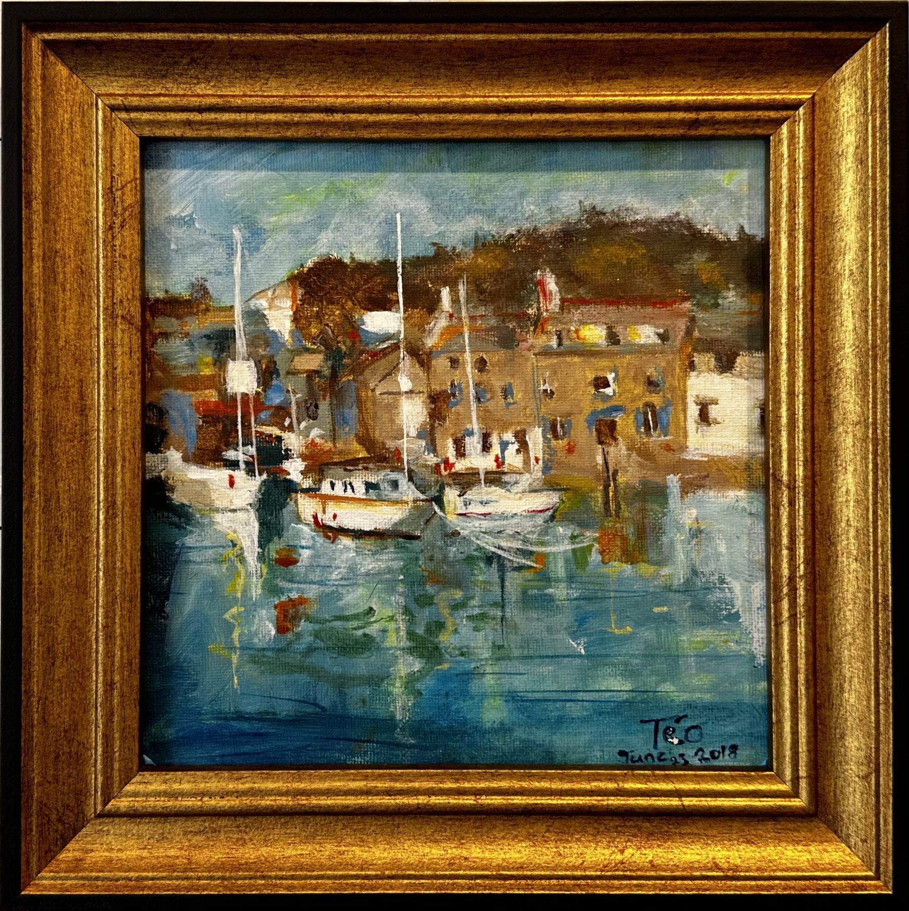 English Harbour, an acrylic painting of a harbour town